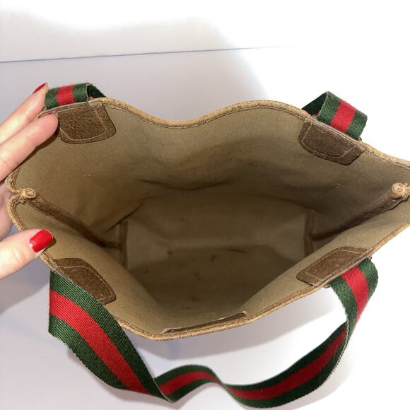 GUCCI Vintage GG Supreme Canvas Tote Web Stripe Shoulder Bag Italy Authentic - Picture 12 of 15